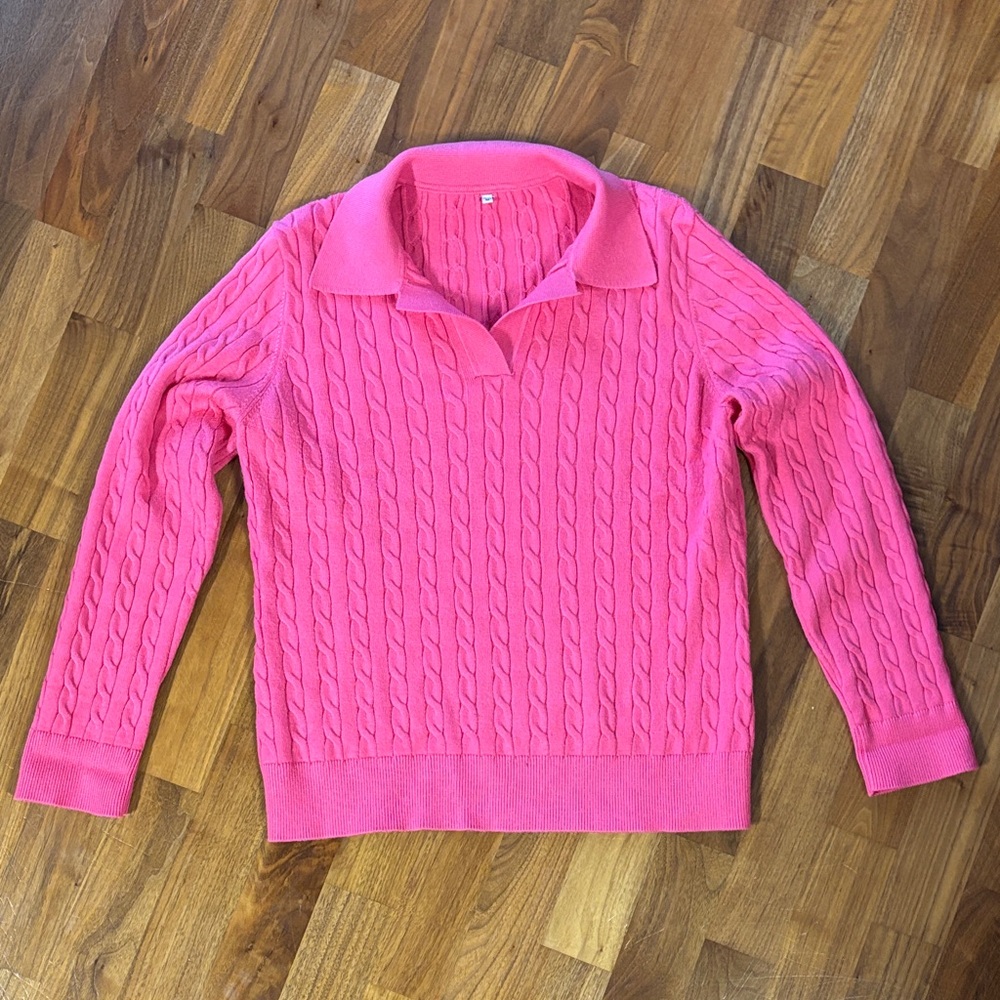Classic Cable-Knit V-Neck Polo Sweater in hot Pink